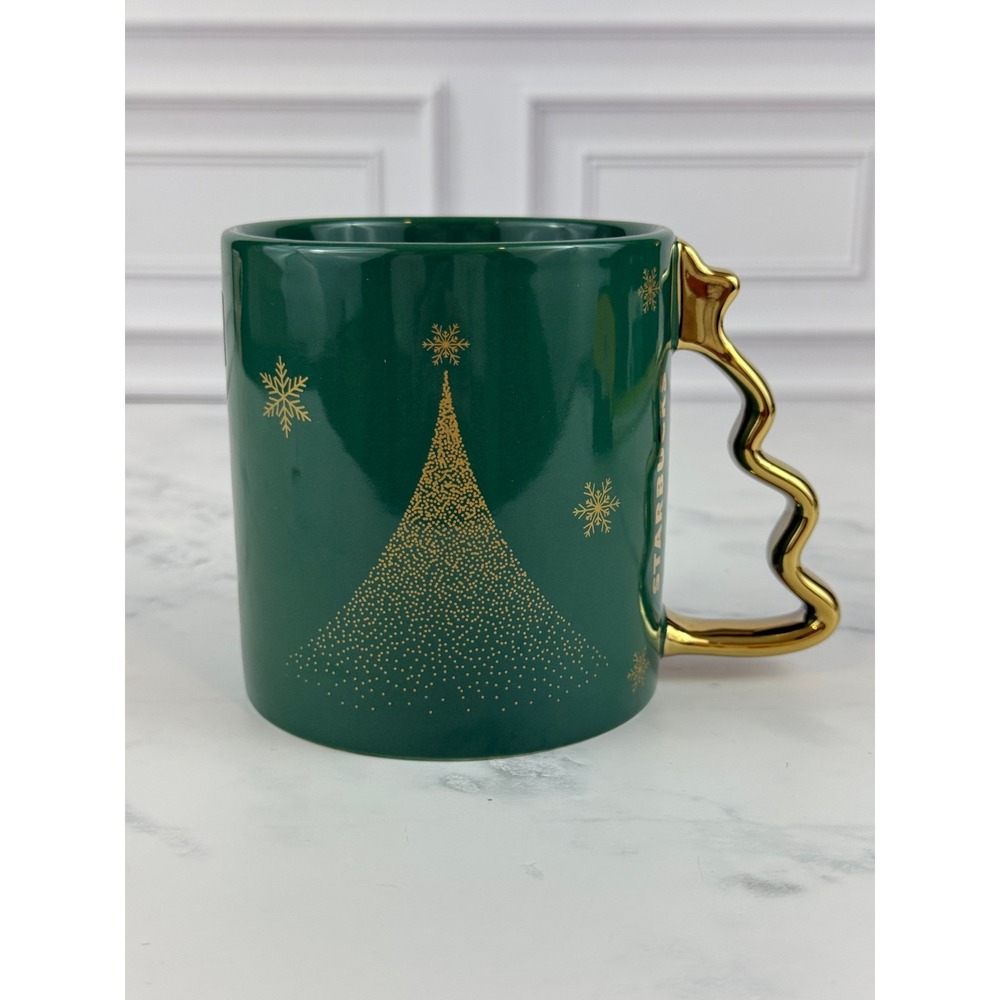 Starbucks 2025 Holiday Mug Green Snowflakes Tree Shaped‎ Handle 4" MINT!